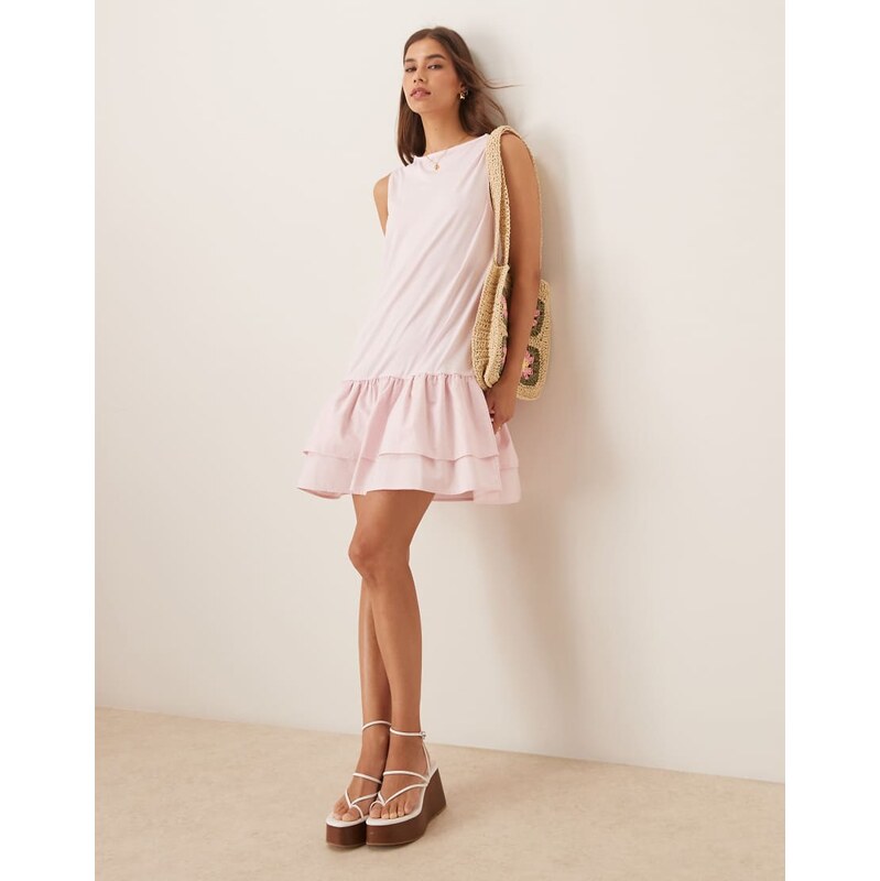 ASOS DESIGN poplin mix dropped hem slash neck mini dress in baby pink 106579722