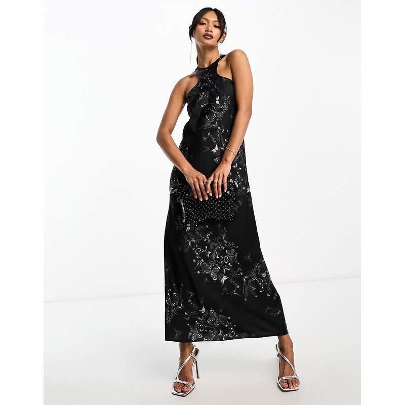 AllSaints Betina Diana printed halter maxi dress in black 106579724