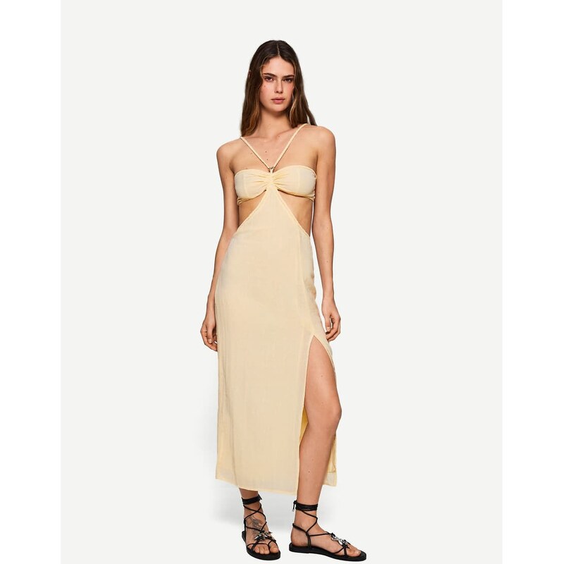 Bershka rustic cut out midi dress in white