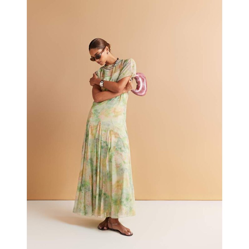 ASOS DESIGN asym sleeve maxi dress with godet hem in pastel blur