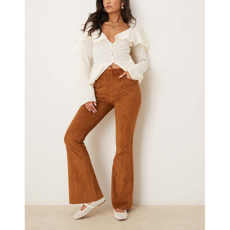 ASOS DESIGN faux suede flare trouser in brown - BROWN