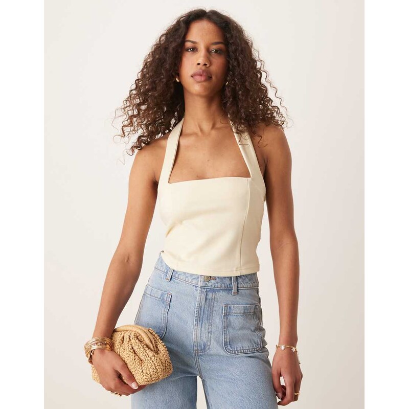ASOS DESIGN Premium ponte halter neck top in buttermilk yellow