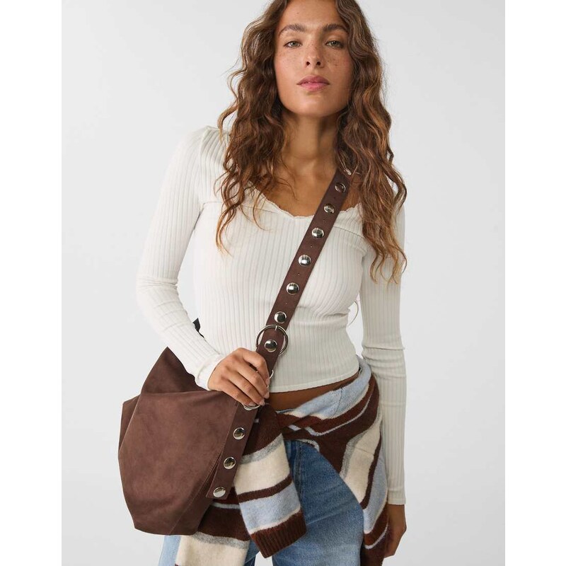 Stradivarius faux suede bucket bag with strap detail in brown 106579953