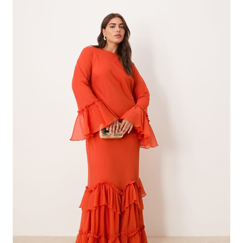 ASOS Curve ASOS DESIGN Curve tiered ruffle long sleeve chiffon