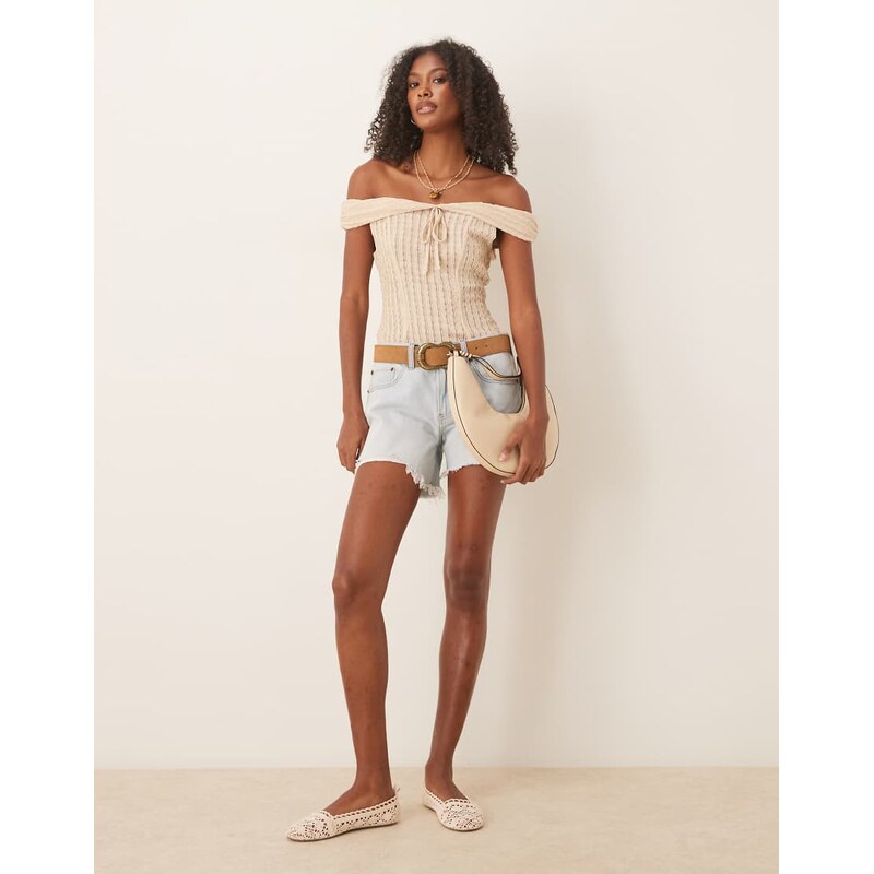 ASOS DESIGN textured bardot top with tie detail in stone-Neutral