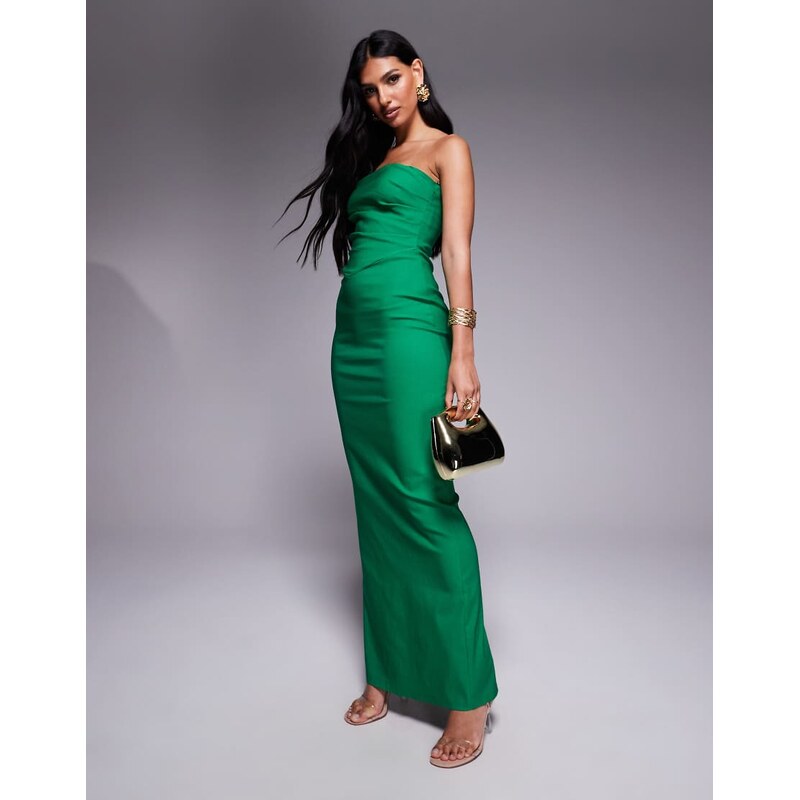 Vesper bengaline drape waist bandeau maxi dress in emerald-Green