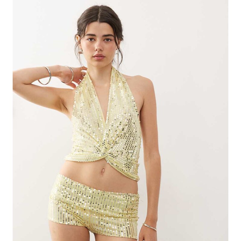 COLLUSION festival sequin cross over halter top in yellow co-ord 106618484