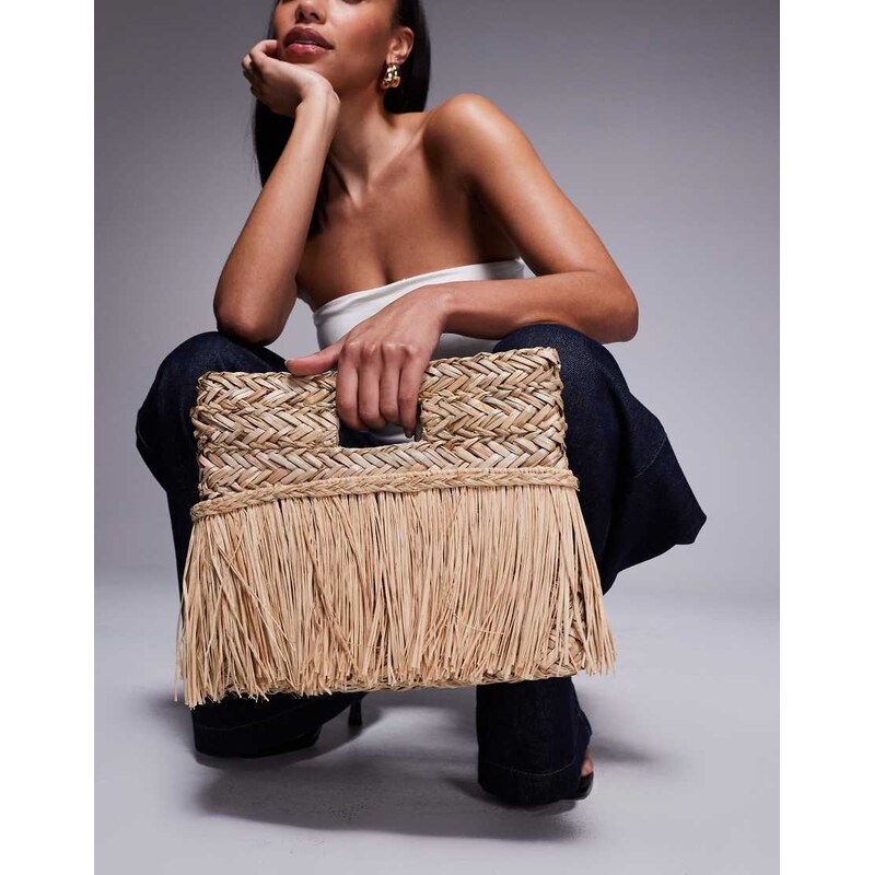 South Beach straw fringed clutch bag in beige-Neutral 106585203