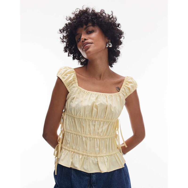 Topshop ruched tiered tie side top in buttermilk-Yellow 106584986