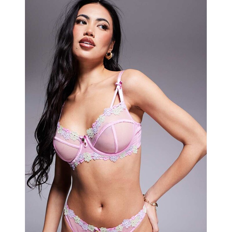 Boux Avenue Layla embroidered flower ribbon soft plunge bra in pink 106585005