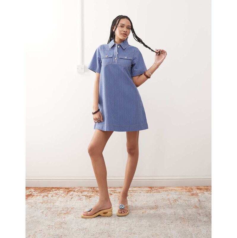Reclaimed Vintage denim shirt mini dress in blue tonal pinstripe 113260853