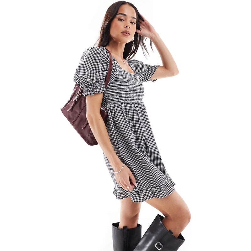Wednesdays Girl smock detail gingham mini dress in black