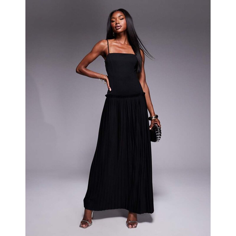 ASOS DESIGN square neck pleated maxi dress with dropped waist in