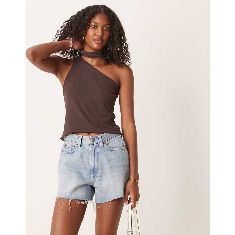 ASOS DESIGN mesh one shoulder top scarf detail top in chocolate