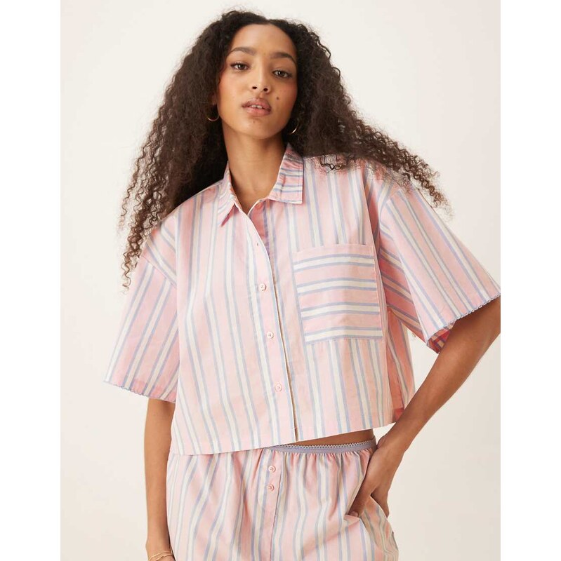 ASOS DESIGN mix & match woven short sleeve pyjama shirt in pink & blue 107830115