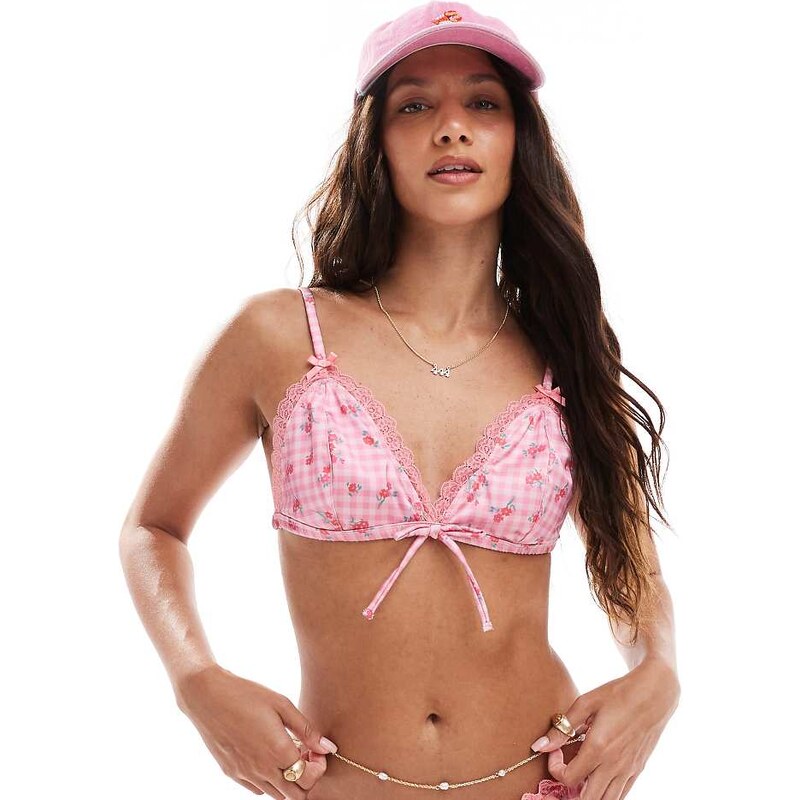 The Frolic exclusive lace trim satin tie front bralette co-ord