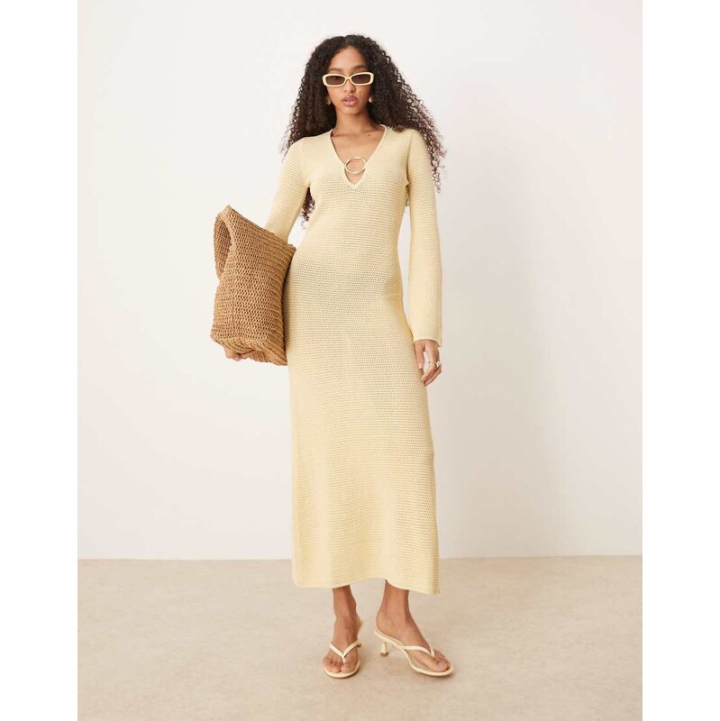Pretty Lavish gold hardware crochet knit midaxi dress in lemon-Yellow 106585333