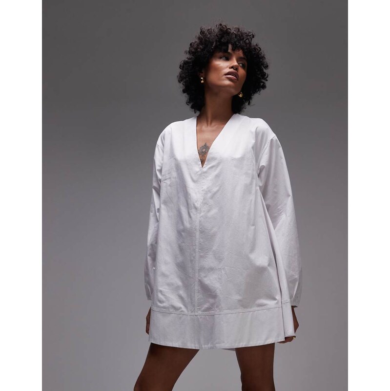 Topshop poplin babydoll mini dress in white