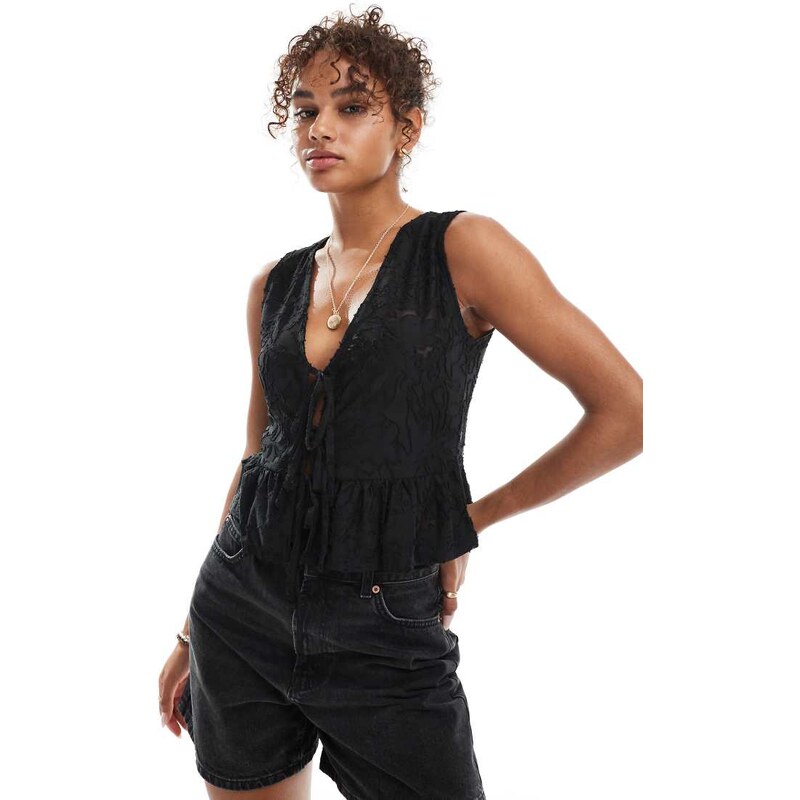 Miss Selfridge lace sleeveless tie front top in black-No colour 106692832