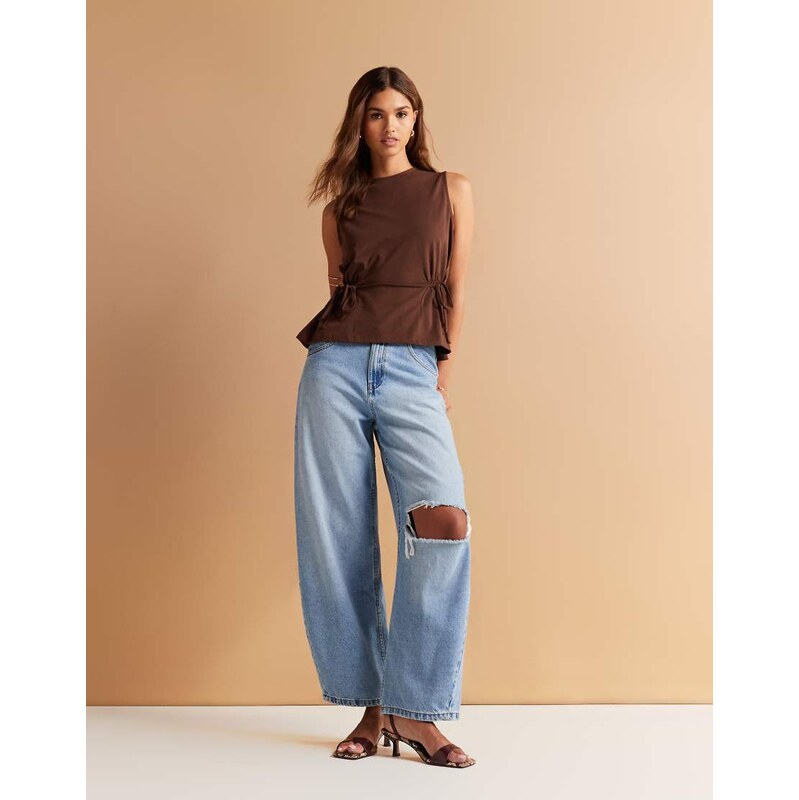 ASOS DESIGN high waisted barrel leg jeans with rips in mid blue