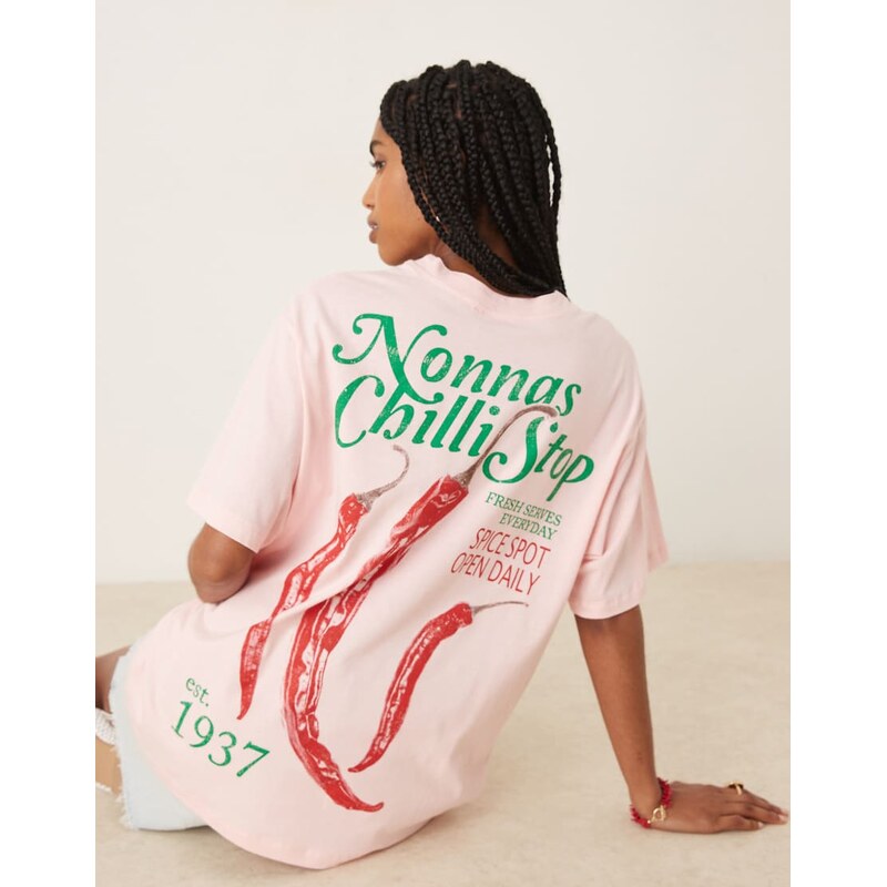 ASOS DESIGN oversized T-shirt with chilli graphic in pink