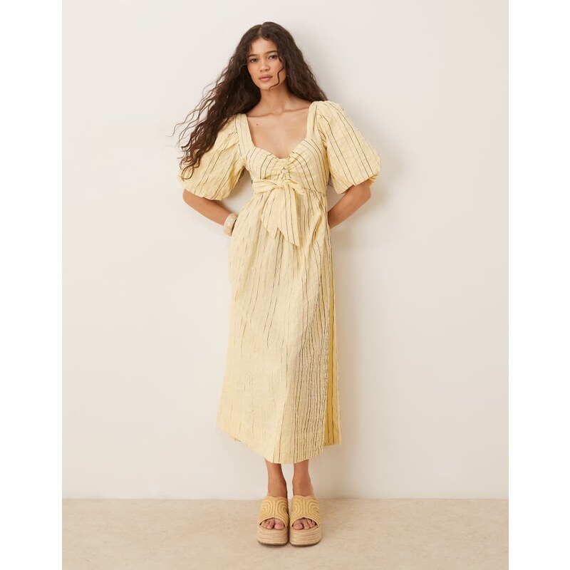 YAS puff sleeve bow front textured midi dress in yellow 106603554