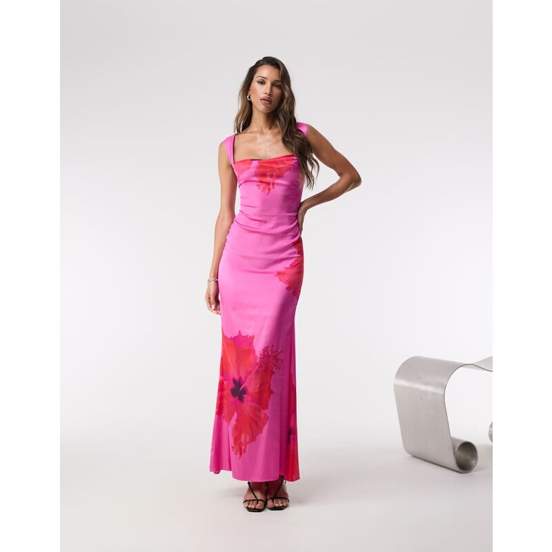 Good American satin lace up maxi dress in pink hibiscus