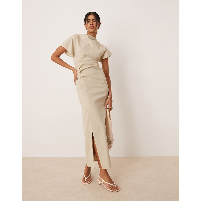 ASOS DESIGN ruched waist bengaline midi dress in stone-Neutral