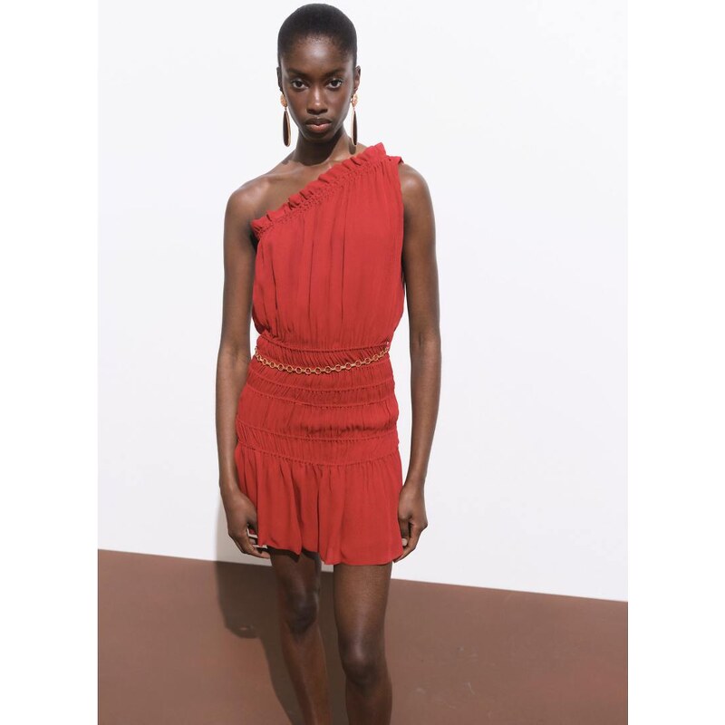 Mango featuring Kaia Gerber ruched one shoulder dress with gold chain 106603585
