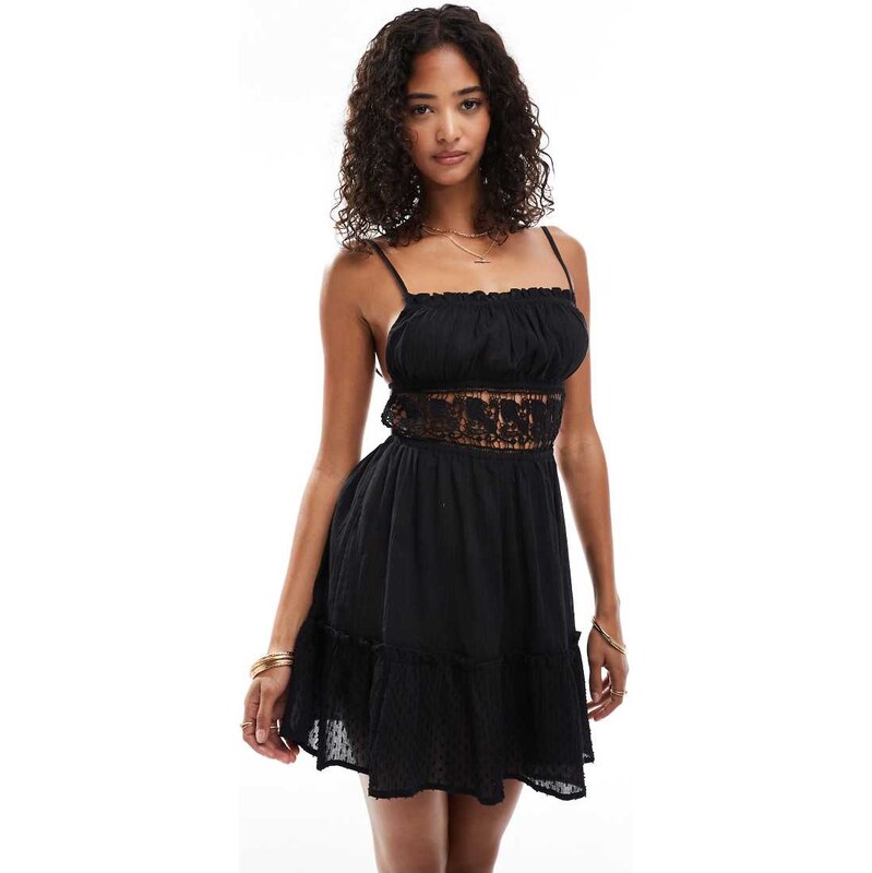 Miss Selfridge beach sheer lace trim mini dress in black