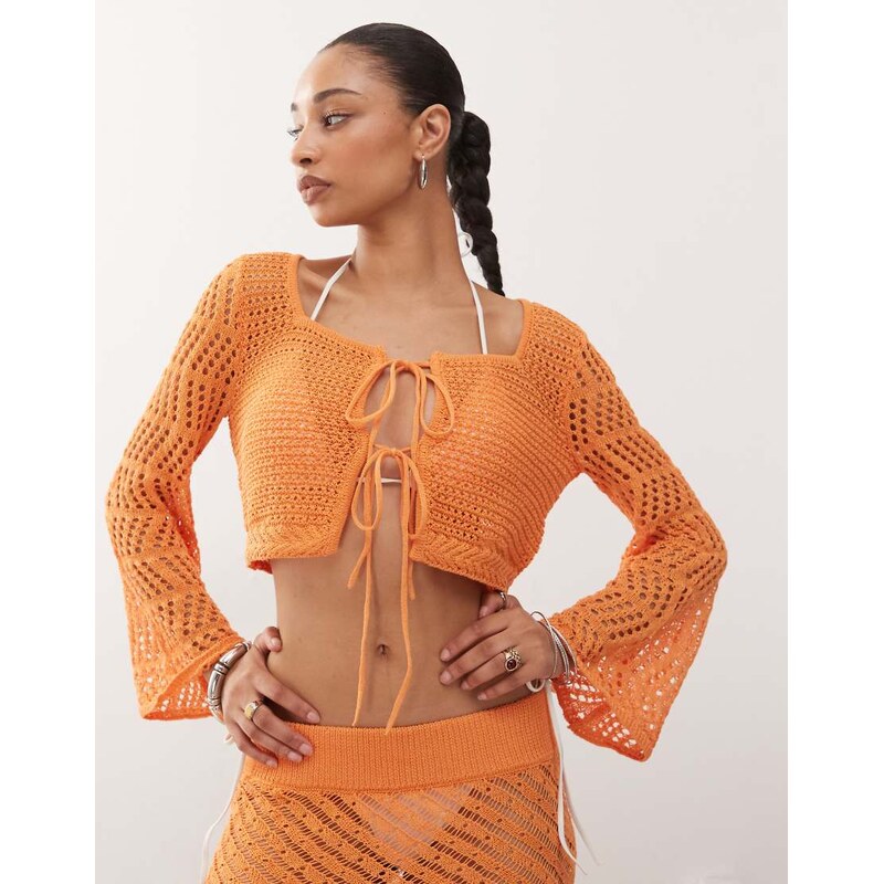 Noisy May crochet tie front cardigan co-ord in orange 111141857