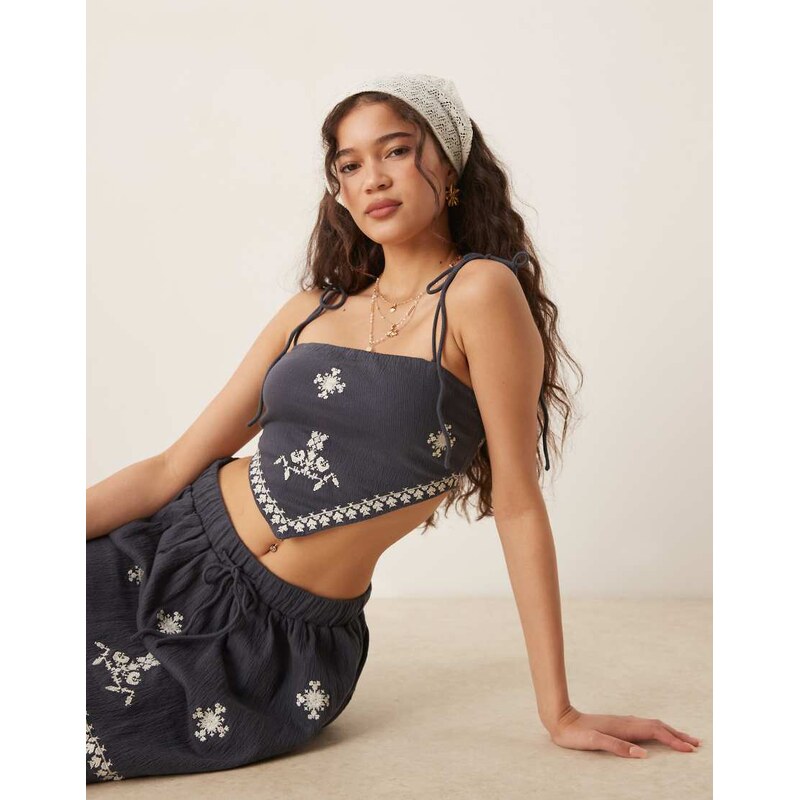 ASOS DESIGN co-ord crinkle embroidered tie shoulder cami top in