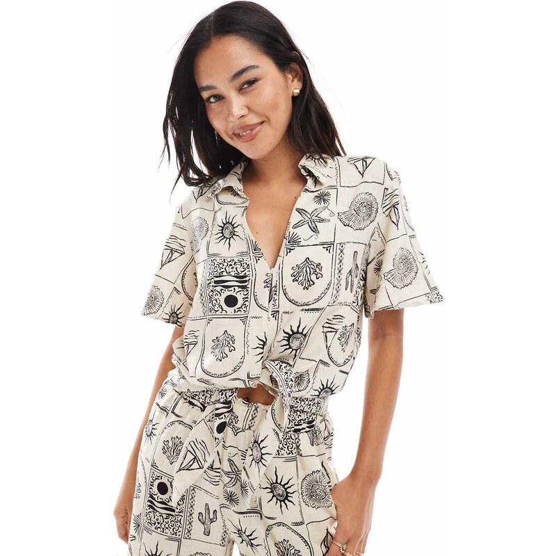 Object tie front shirt co-ord in mono shell print-White 106603859