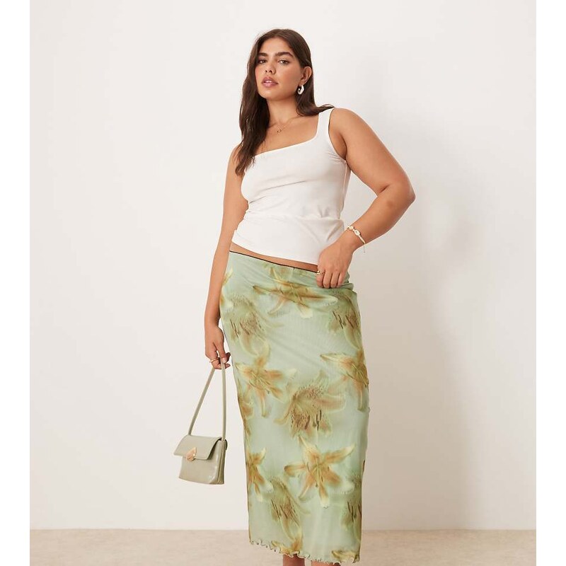 ASOS Curve ASOS DESIGN Curve mesh midi skirt in oversized floral print 115498617