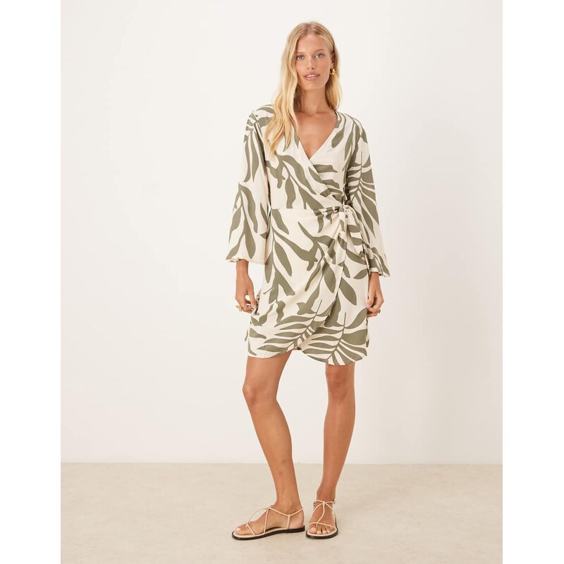 JDY wrap kimono dress in beige with green palm print 106618562