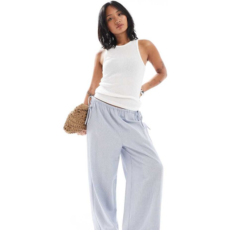ONLY Petite wide leg tie detail trousers in blue stripes 106603945