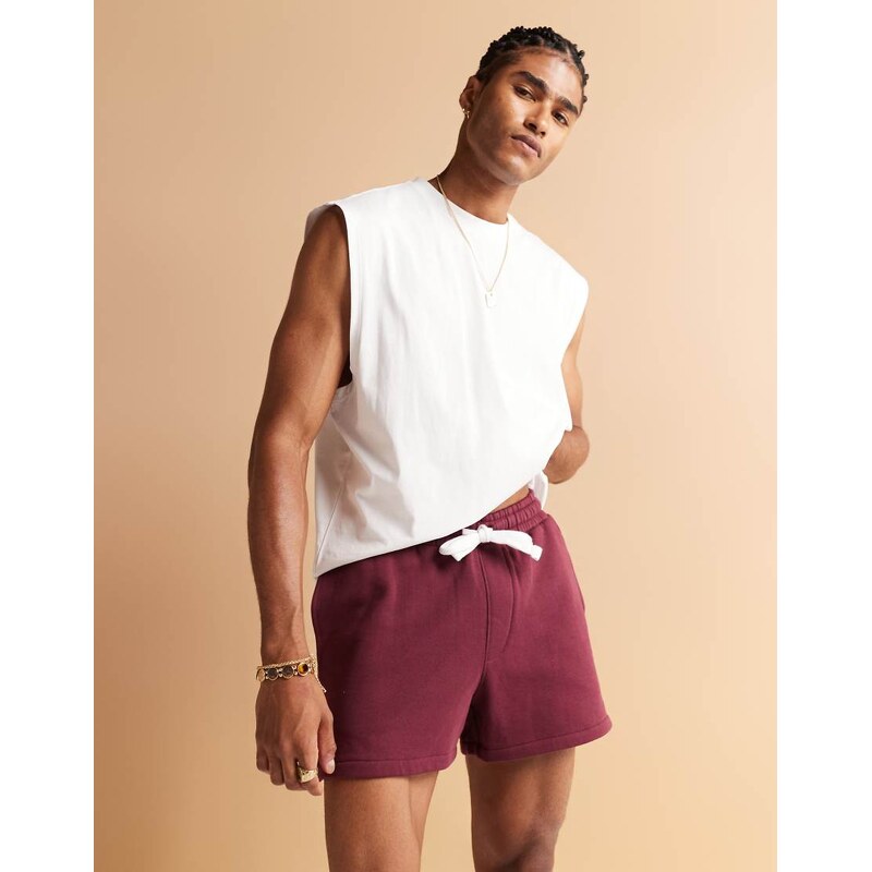 ASOS DESIGN shorter length shorts in burgundy-Red