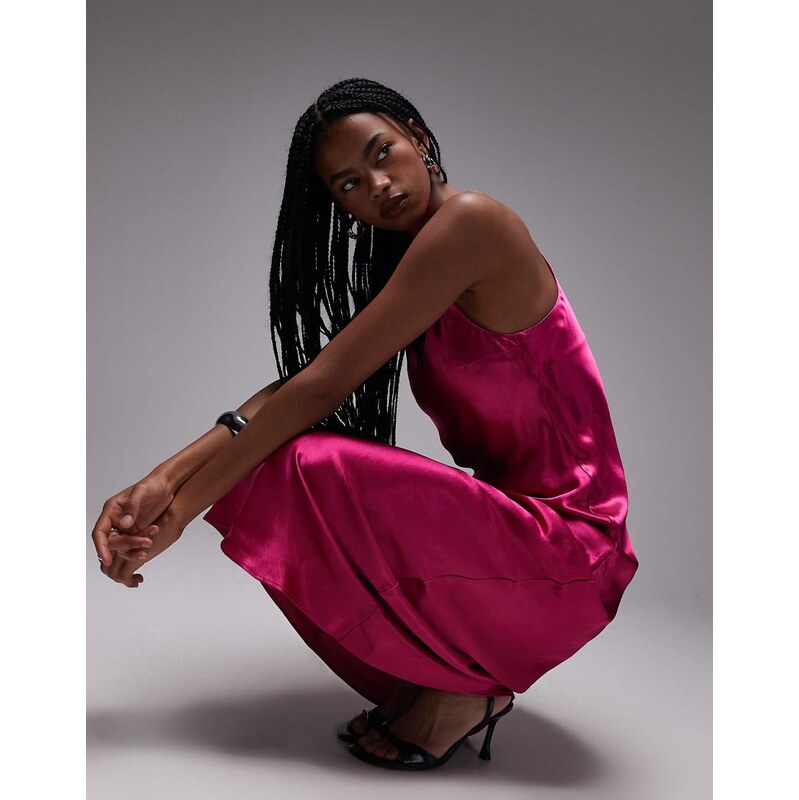 Topshop racer neck satin bias maxi dress in pink