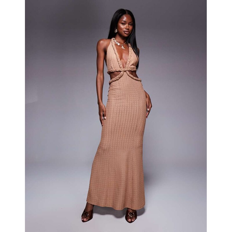 ASOS DESIGN textured rib orange plaited halter midi dress in