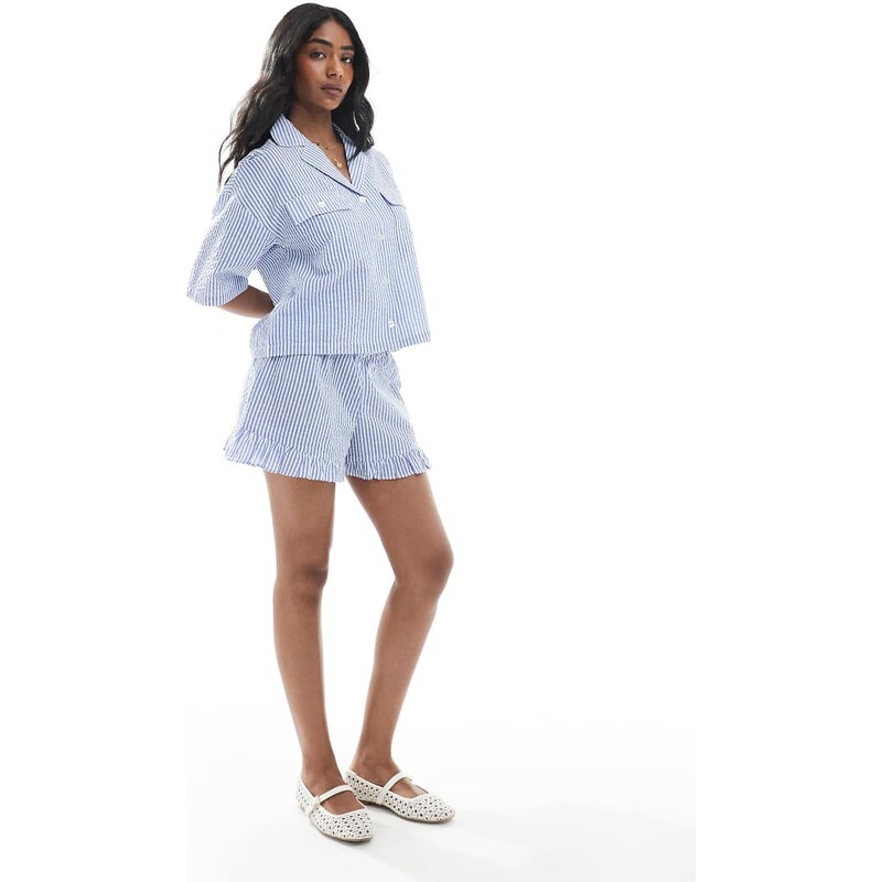 Wednesdays Girl ruffle edge striped co-ord shorts in blue 106606075