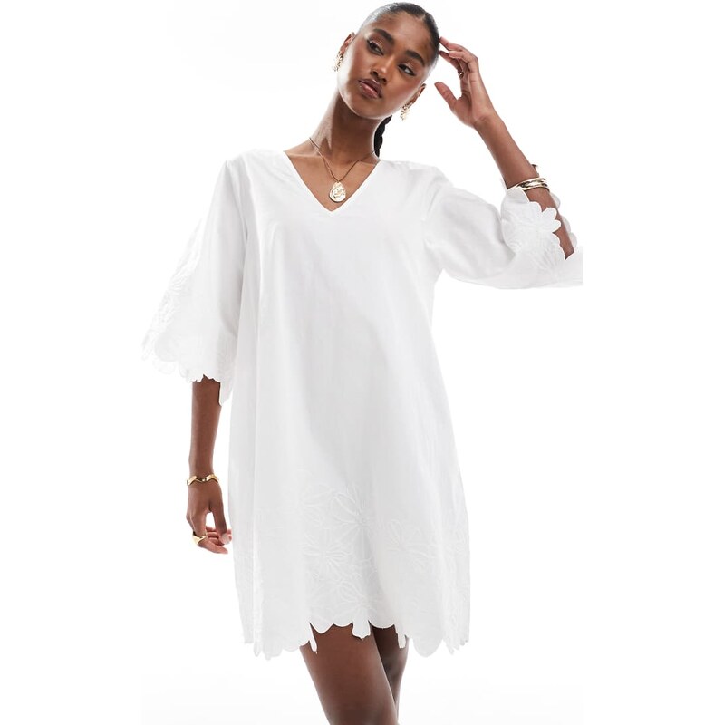 Object floral embroidered cutwork mini dress in white 106606141