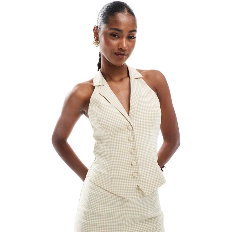 Miss Selfridge tailored halter top co-ord in neutral check 115533634