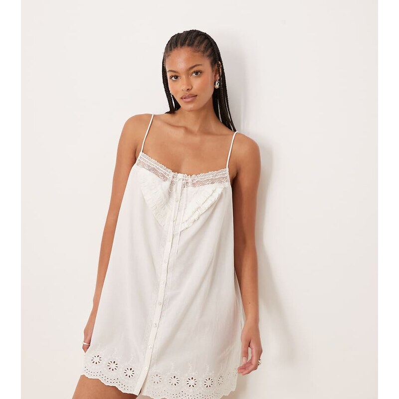 ASOS Tall ASOS DESIGN Tall mini broderie edge nighty with ribbon tie 106606613