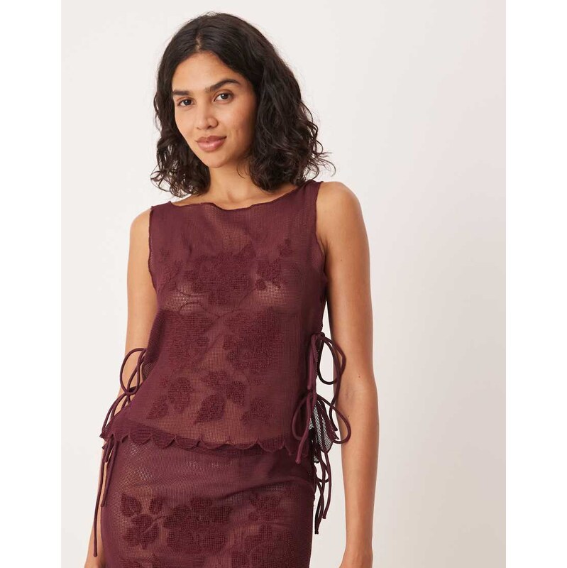 ASOS DESIGN co-ord mesh tie side top in chocolate-Red