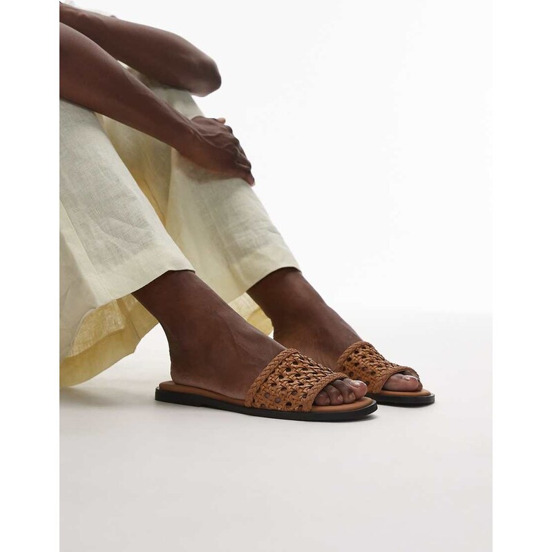 Topshop Jackie flat weave sandal in tan-Brown