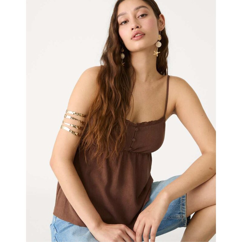 Stradivarius strappy top with linen in brown 106614005