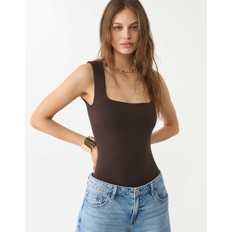 Stradivarius polyamide bodysuit with square neckline in brown 106612470
