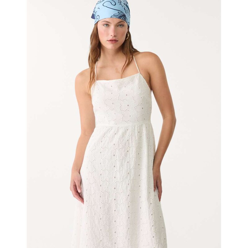 Stradivarius embroidered midi dress in white 106612572