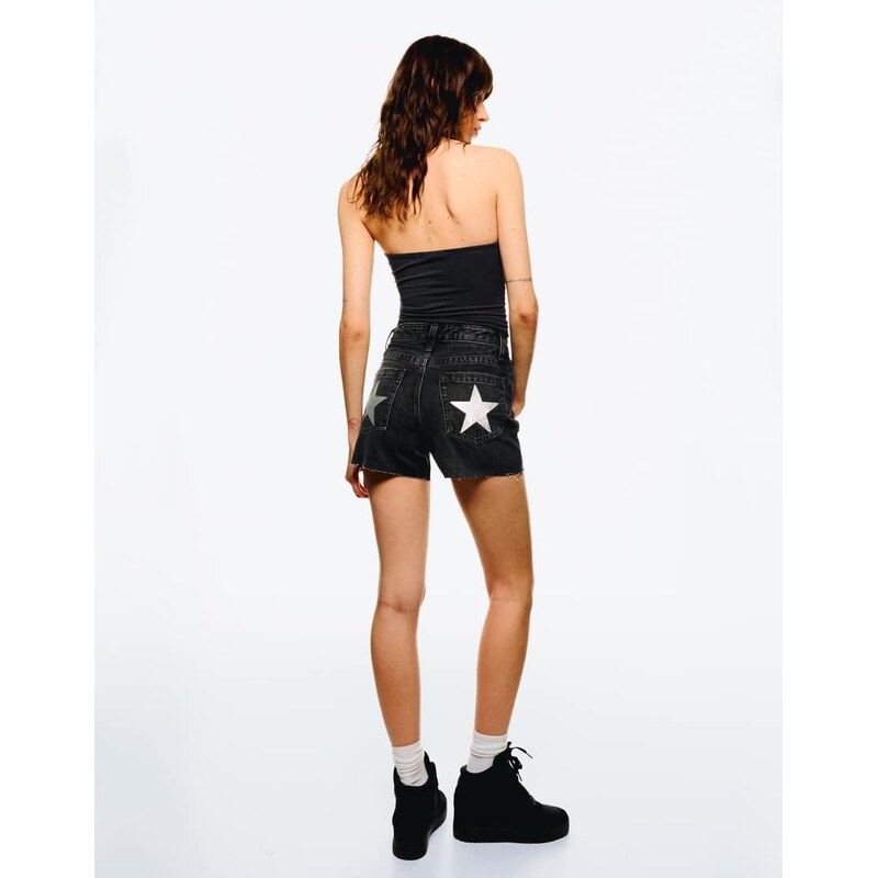 Bershka wide leg 90s denim shorts with turn up hem in black