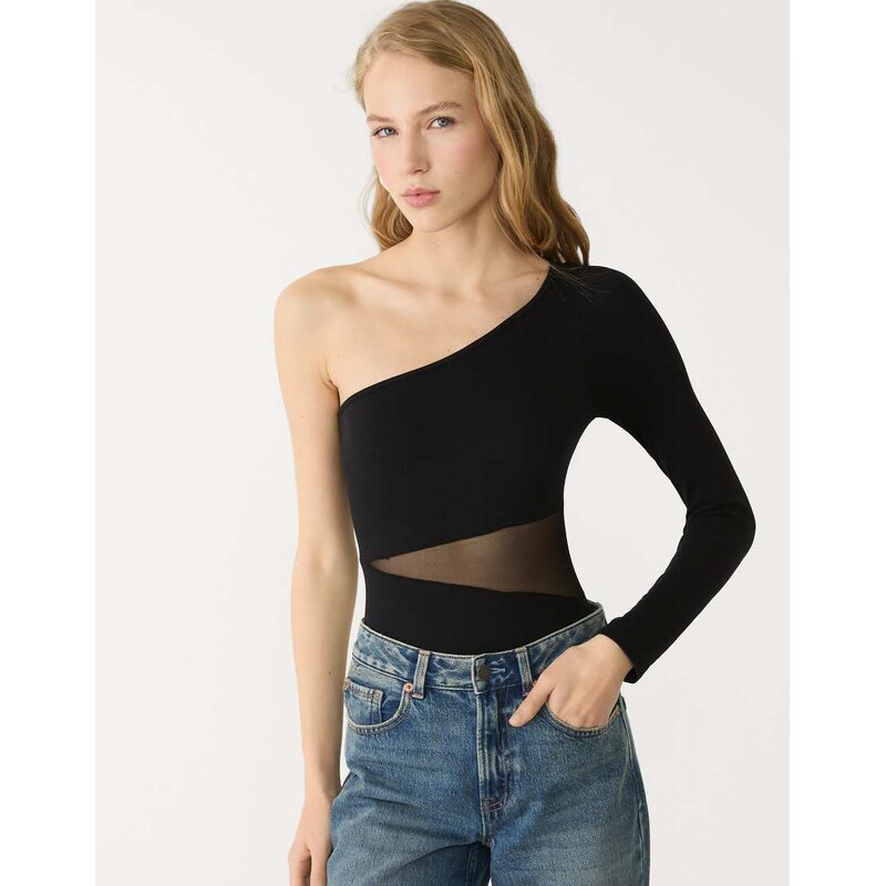 Stradivarius asymmetric bodysuit with sheer details in black 106612963